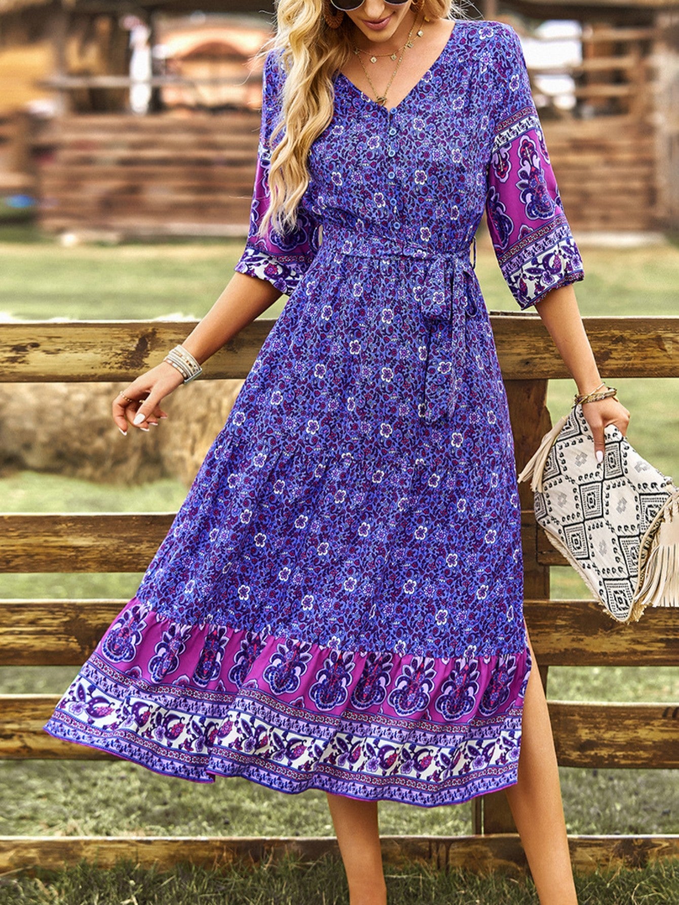 Pink A Line Floral Long Boho Dress - Fashionpara