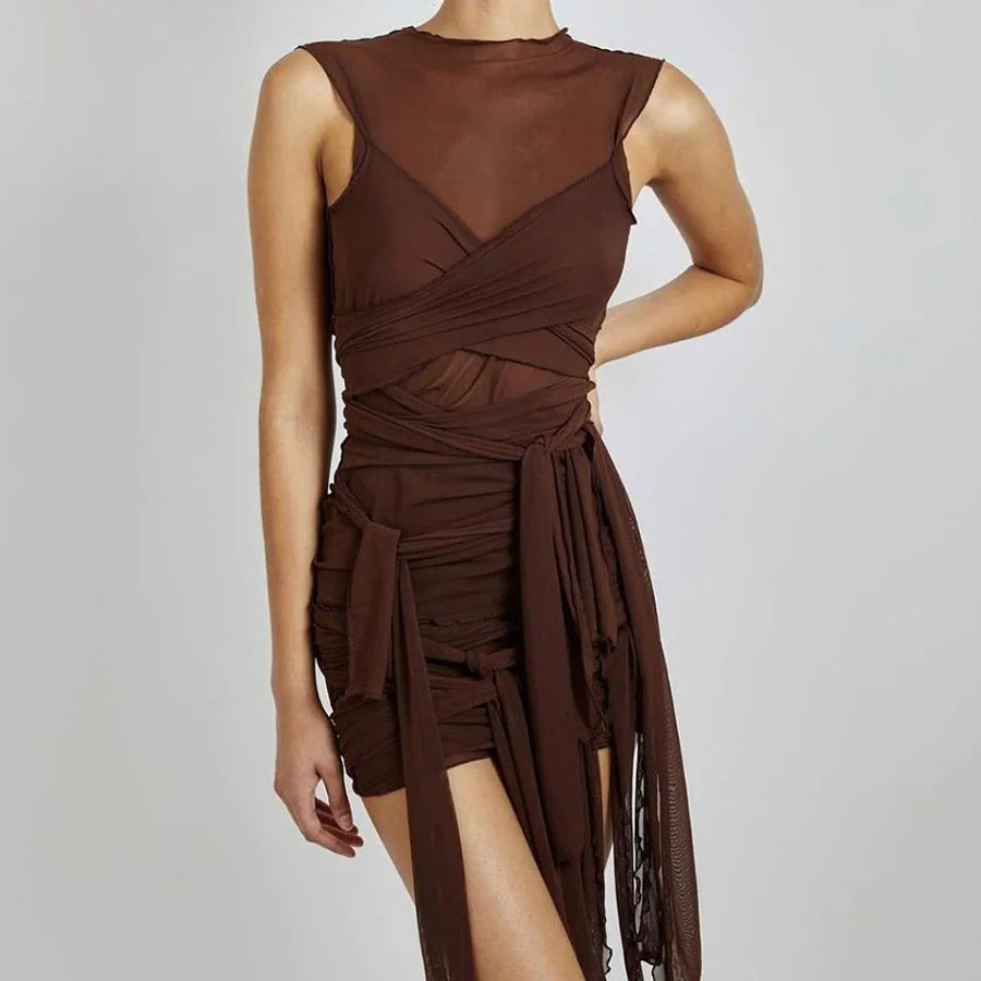 Sheer Mesh Wrap Tie Ribbon Mini Dress - Fashionpara