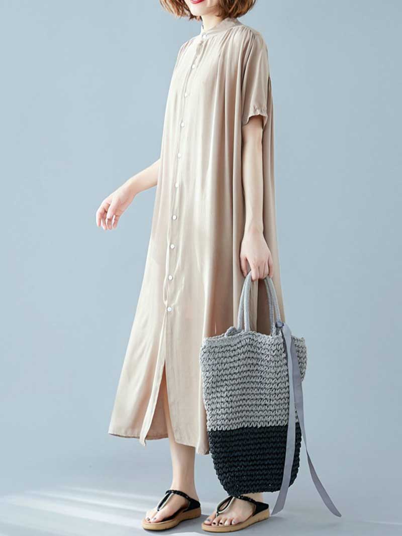 Long Cotton Front Button Cotton Shirt Dress (White - Black - Grey- Apricot) - Fashionpara