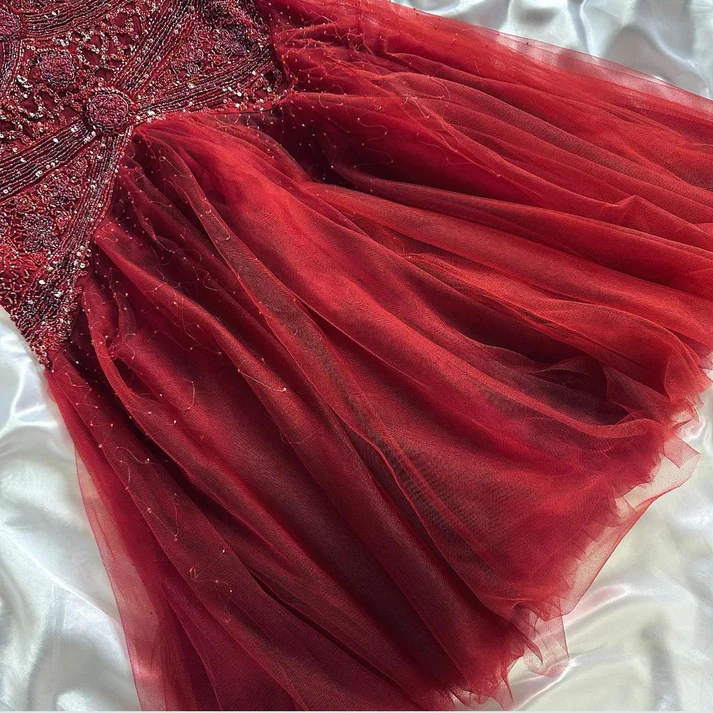 Gorgeous Red V NecK Tulle Sequin Beaded Mermaid Long Evening Dress Formal Birthday Party Dress D1480