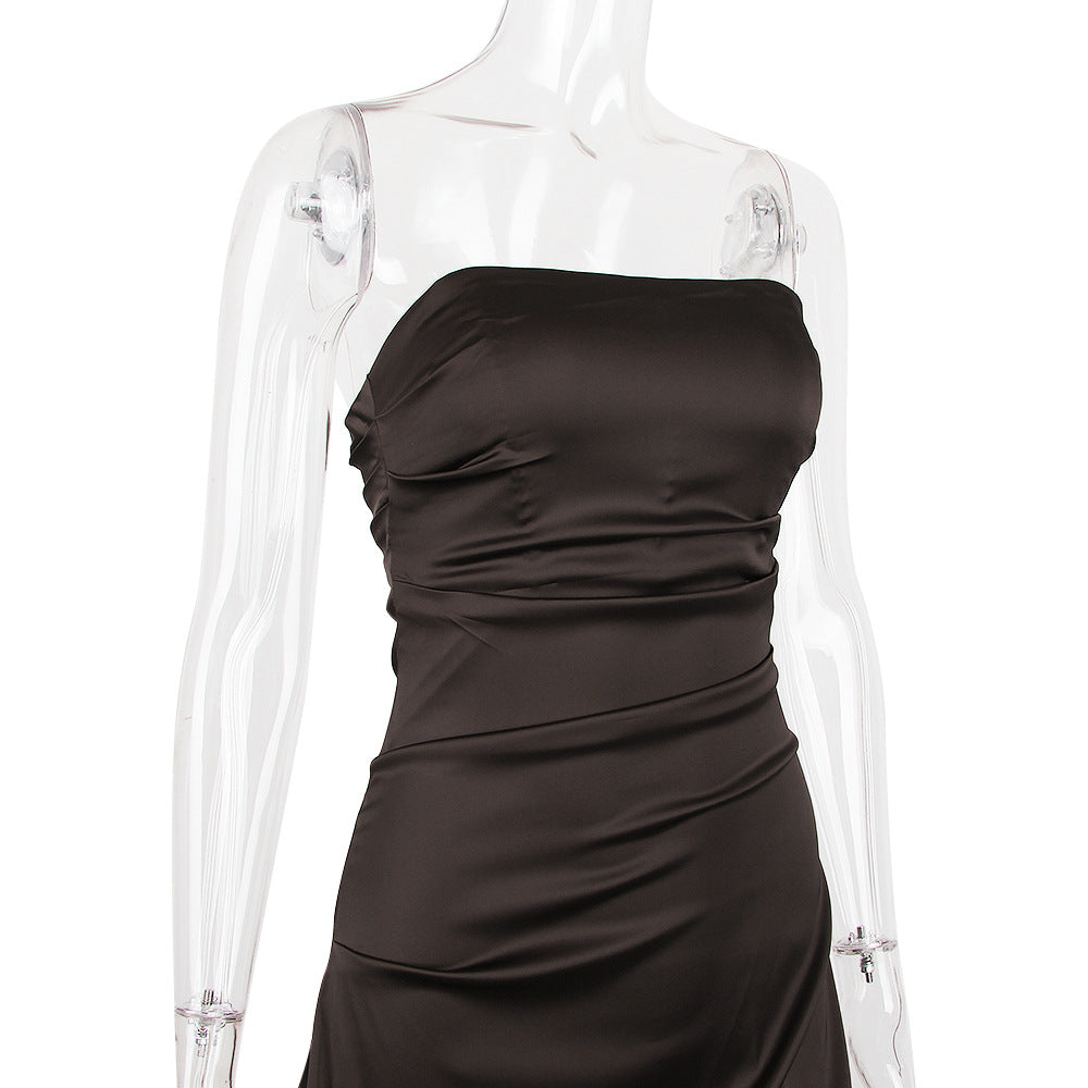 Strapless Ruched Satin Asymmetric-Hem Bodycon Mini Dress 10