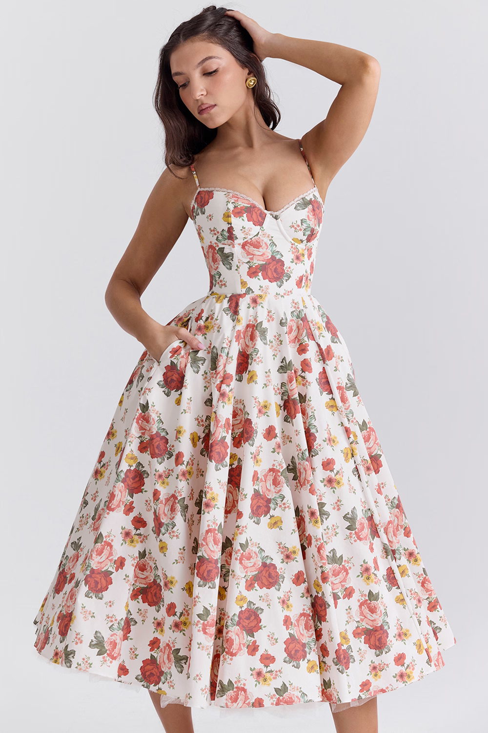 Spaghetti Strap Sweetheart Lace Trim Corset Midi Cocktail Dress - View 14