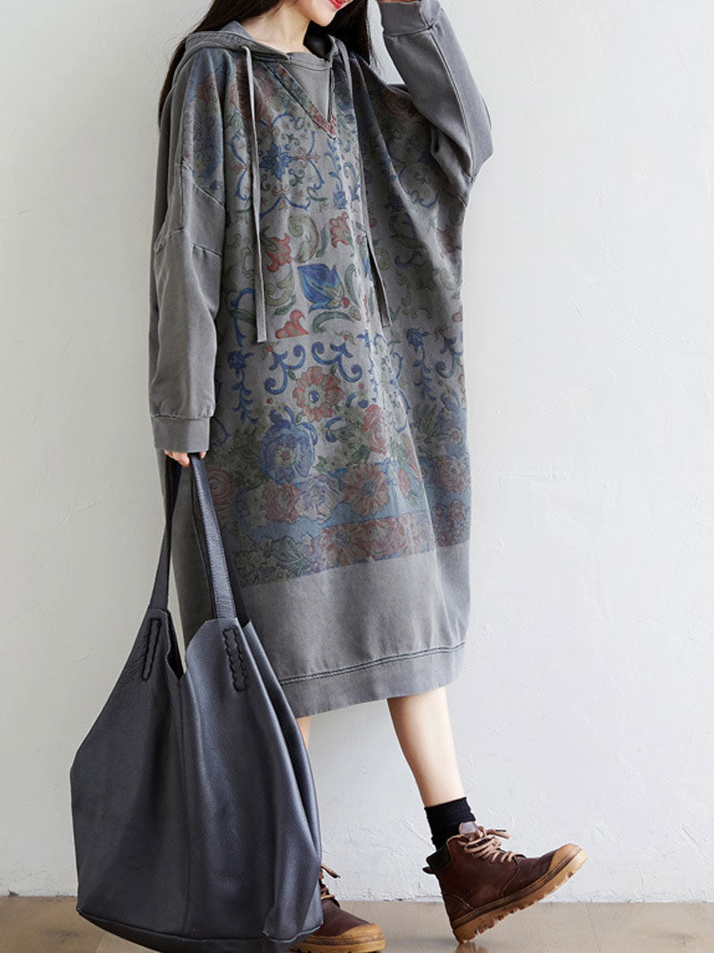 Printed Hooded Long-Sleeve Sweatshirt Midi Dress 5