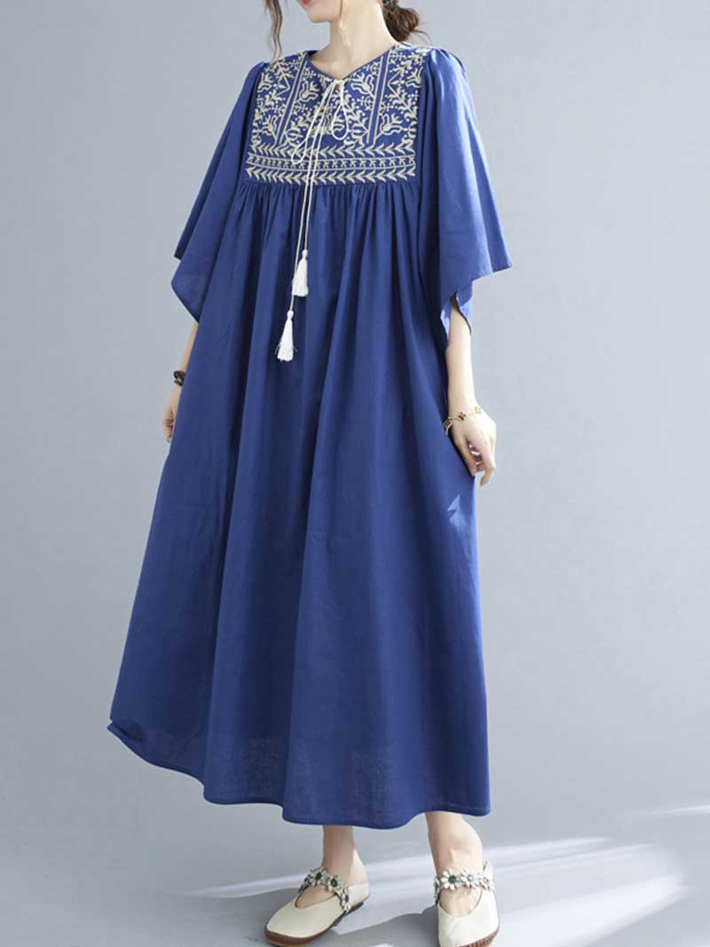 Embroidered Yoke Round Neck Tassel-Tie Batwing Midi Dress 11