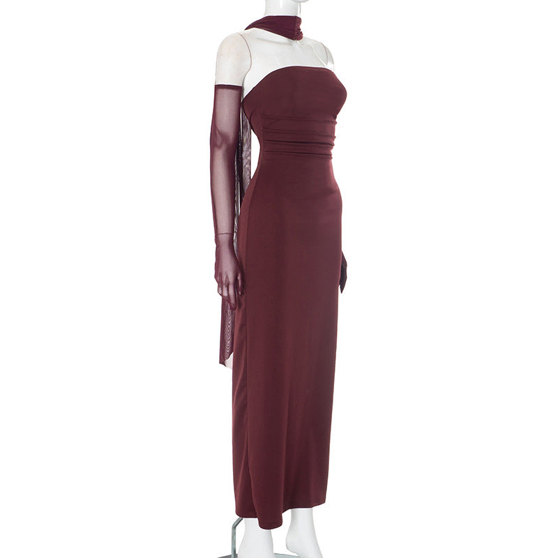 Hudson Maxi Dress With Stole And Gloves - Maroon