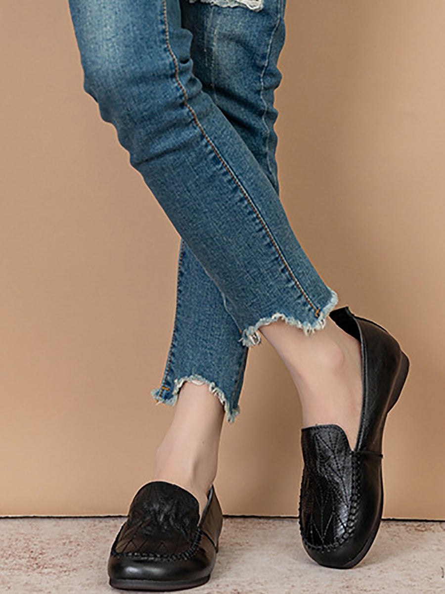 Vintage Genuine Leather Stitching Low Heel Shoes