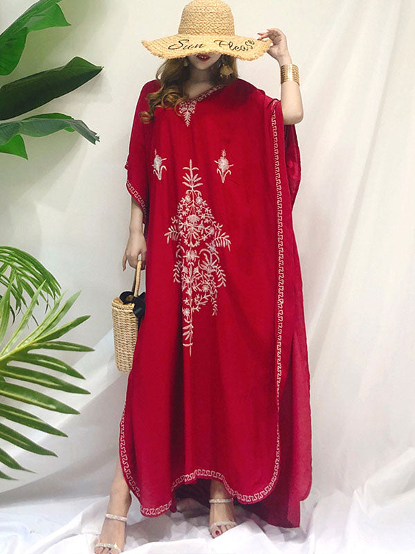 Floral Embroidered V-Neck Bohemian Kaftan Maxi Dress