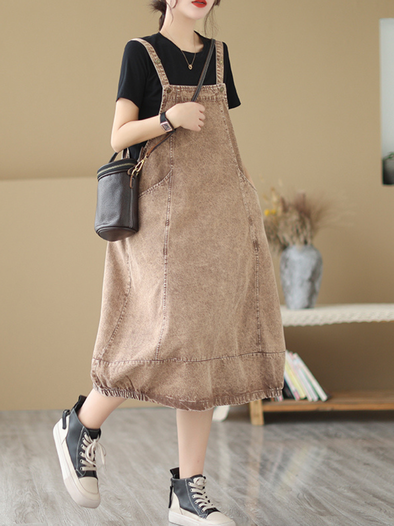Pause The Moment Denim Round Neck Salopette Dress - Fashionpara