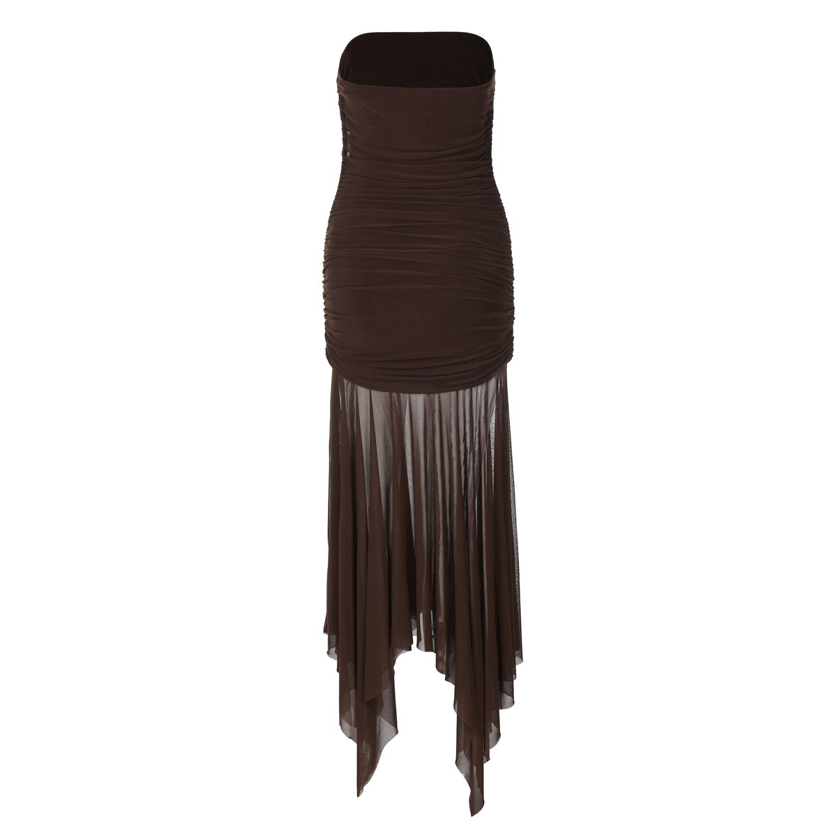 Mesh Strapless Ruched Bodycon Fishtail Maxi Dress 11