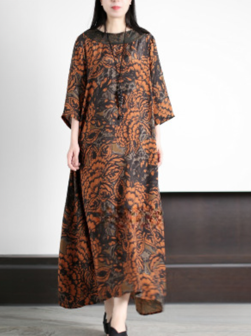 Floral Damask Round-Neck Batwing Loose A-Line Maxi Dress 2