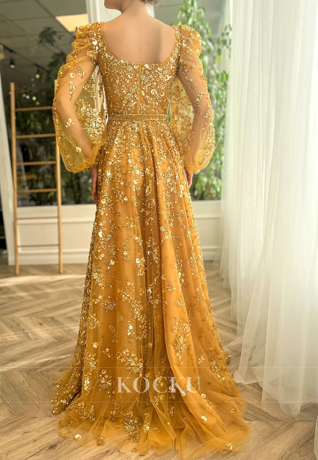 Long Sleeve Square Sequins Beaded Embellished Pleated Prom Dresses