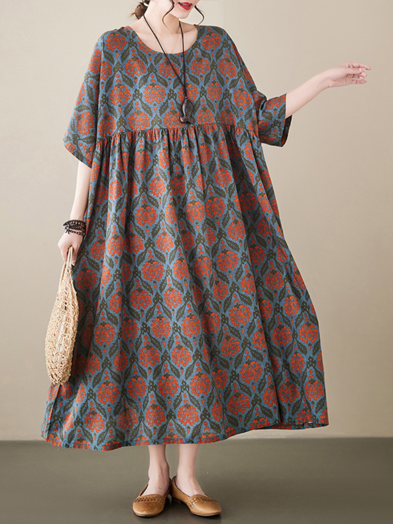 Damask Floral Round Neck Short Sleeve Smock Maxi Dress 2