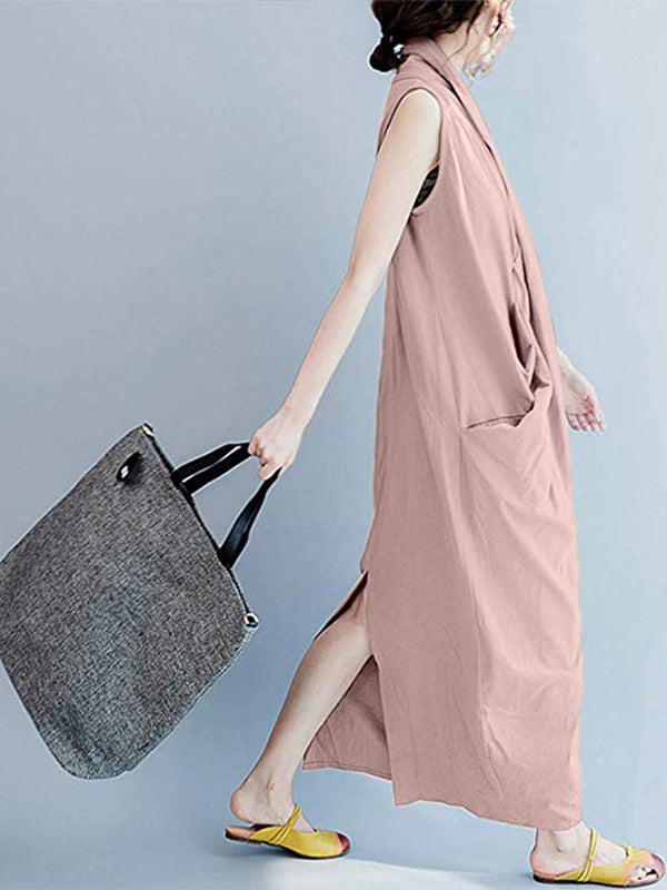 Draped V-Neck Sleeveless Pocket Cocoon Maxi Dress 11