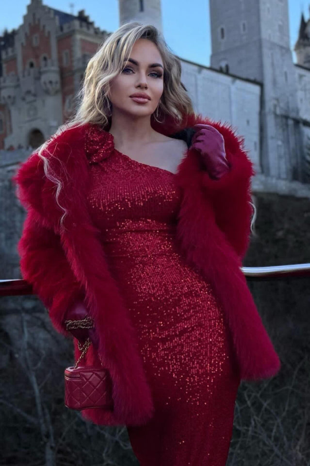 Sequin One Shoulder Long Sleeve Rosette Bodycon Midi Dress - View 8