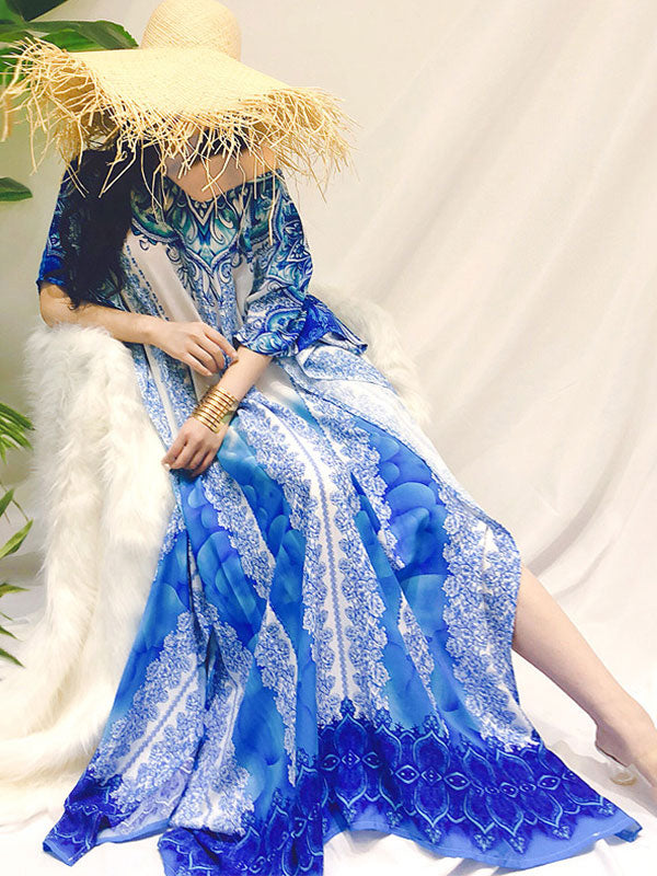 Baroque Print V-Neck Half Sleeve Bohemian Maxi Dress