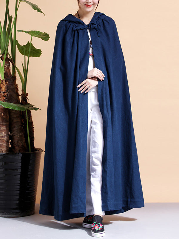 Solid Color Hooded Linen Cape Coat 2