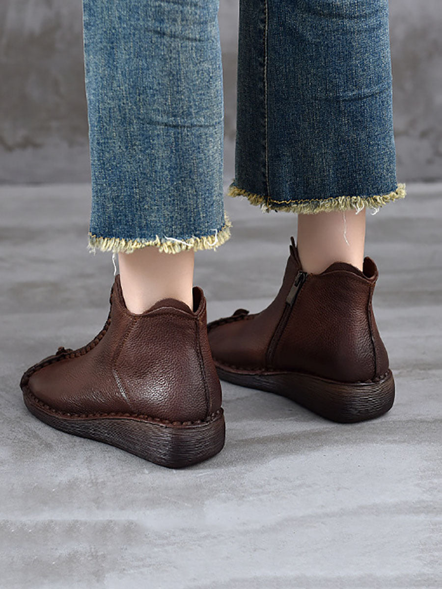 Vintage Genuine Leather Spliced Low Heel Boots
