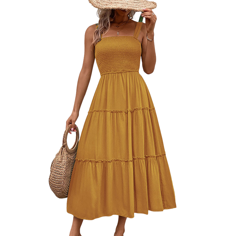 Square Neck Smocked Sleeveless Tiered Midi Dress 11