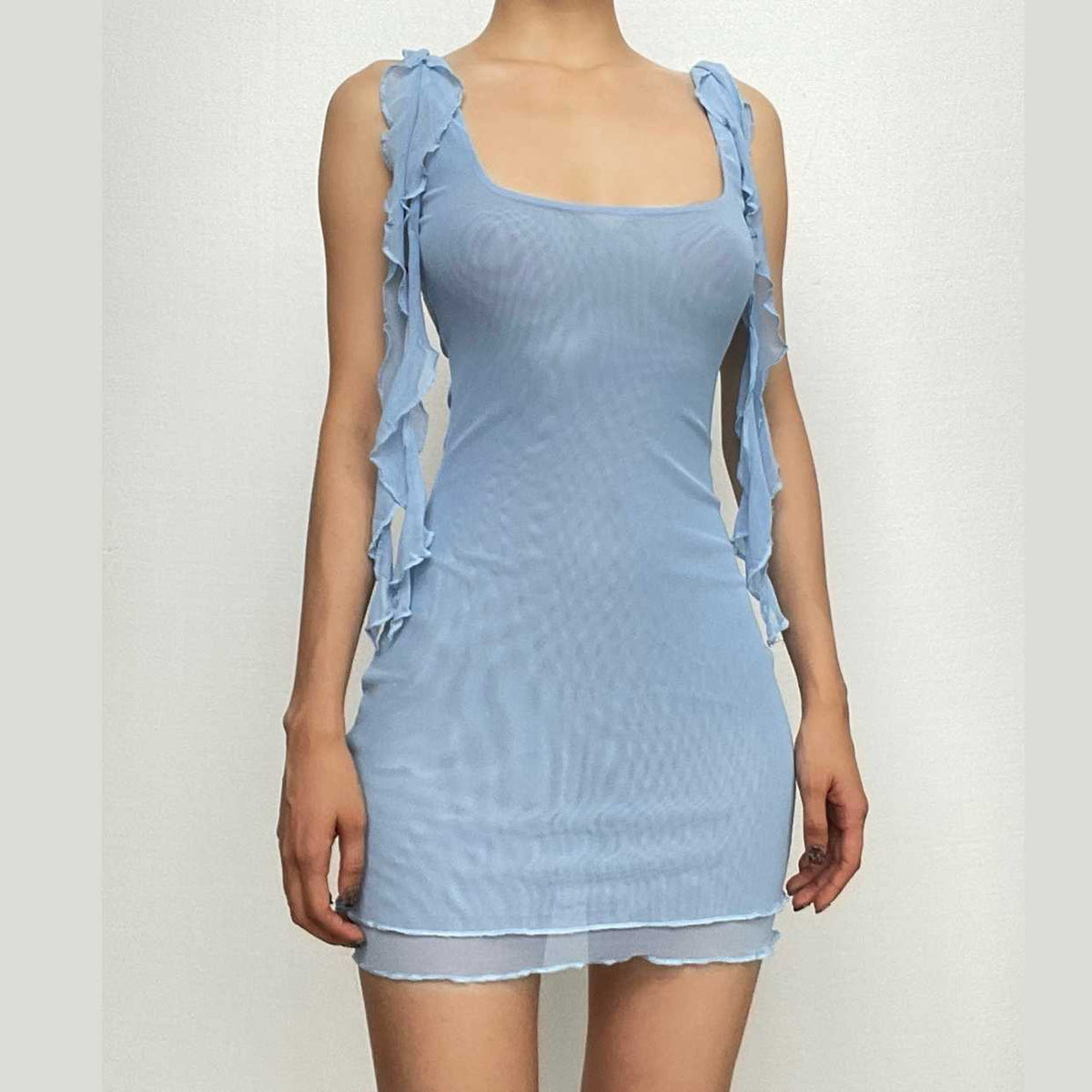 Square neck sheer mesh backless ruffle ribbon solid mini dress - View 2