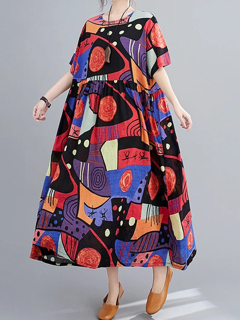 Floral Print Round Neck Short Sleeve Smock Maxi Dress 11