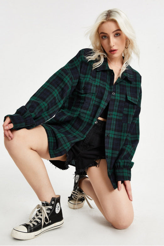 Plaid Stand Collar Button Shirt Blouse - Fashionpara