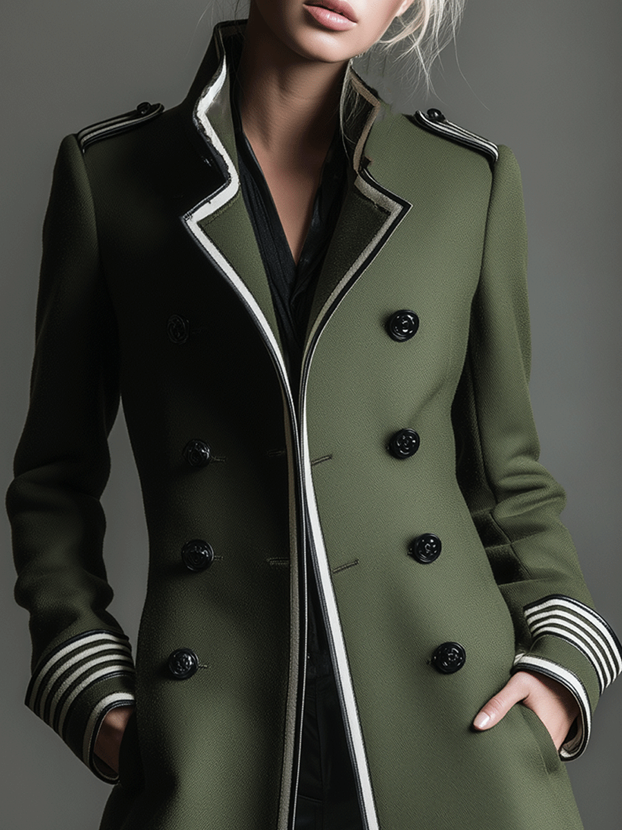 Tailored Double-Breasted White Piping Detail Coat