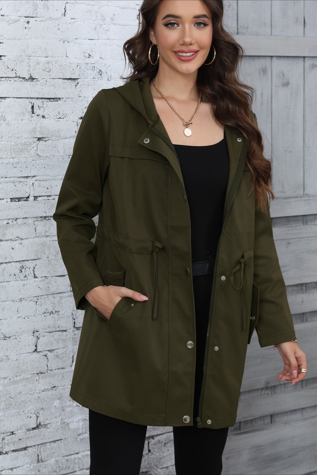 Hooded Mid-Length Waist-Tied Trench Coat