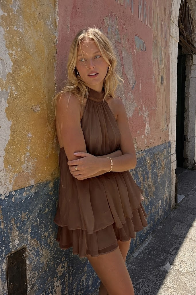 Chiffon Halter Neck Ruffle Fit and Flare Mini Dress 11