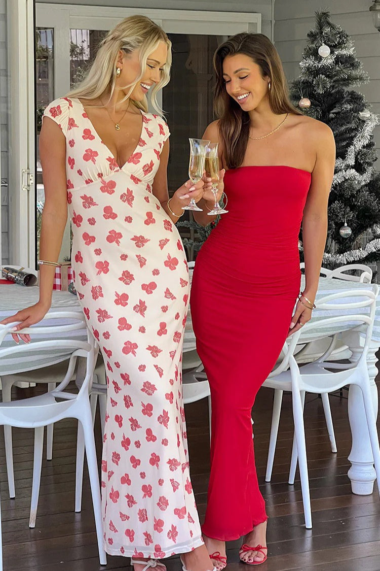 Floral Print Strapless Ruched Bodycon Maxi Dress 7