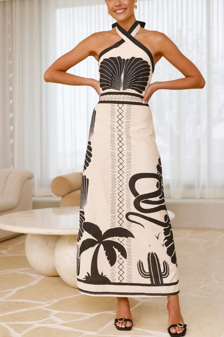 Shell Print Holiday Style Halter Neck Maxi Dress - Fashionpara