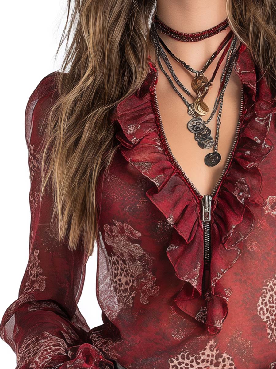 Ruffled Zip-Front Sheer Chiffon Blouse In Vintage Red