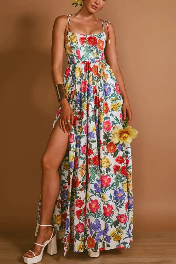 Garden Wedding Floral Print Back Tie-up Pocketed Slit Maxi Dress - Fashionpara