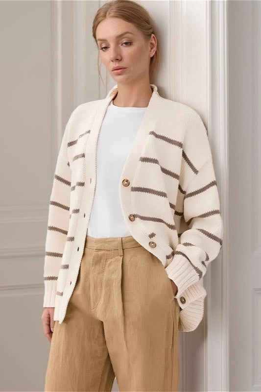 Striped V Neck Knit Cardigan in Soft Cotton for Comfort
