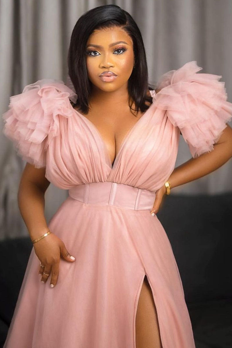 Plus Size Split Joint V Neck Tulle Ruffle Trailing Maxi Dress Fashionpara