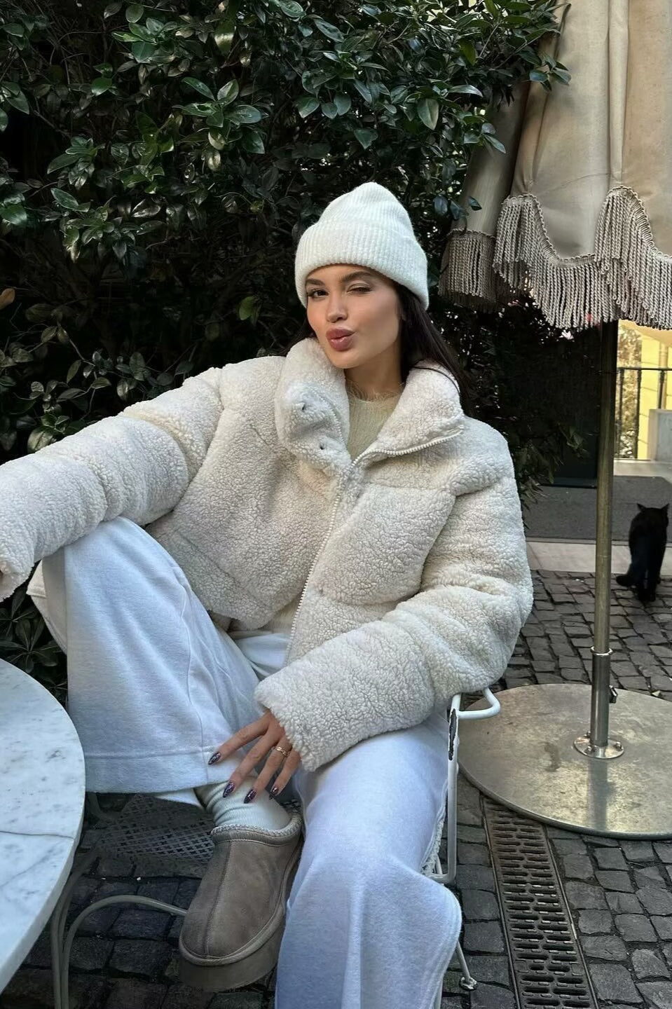 Short Faux Sherpa Fleece Coat - Fashionpara