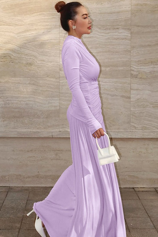High Neck Long Sleeve Ruched Column Maxi Dress