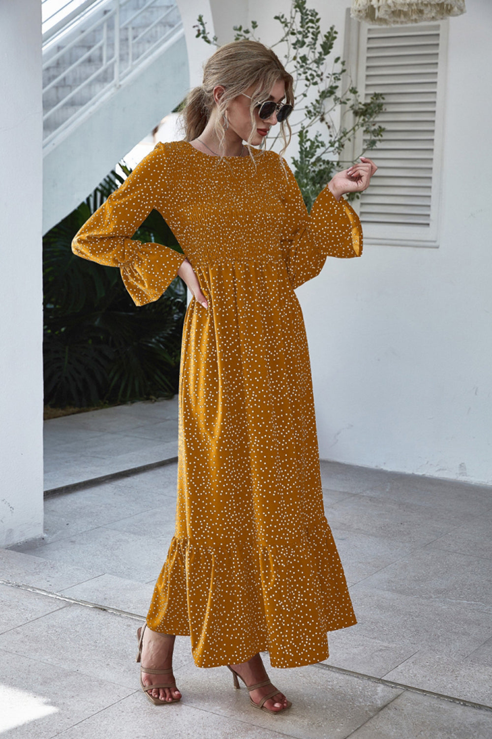 Printed Polka Dot Long Sleeve Dress - Fashionpara