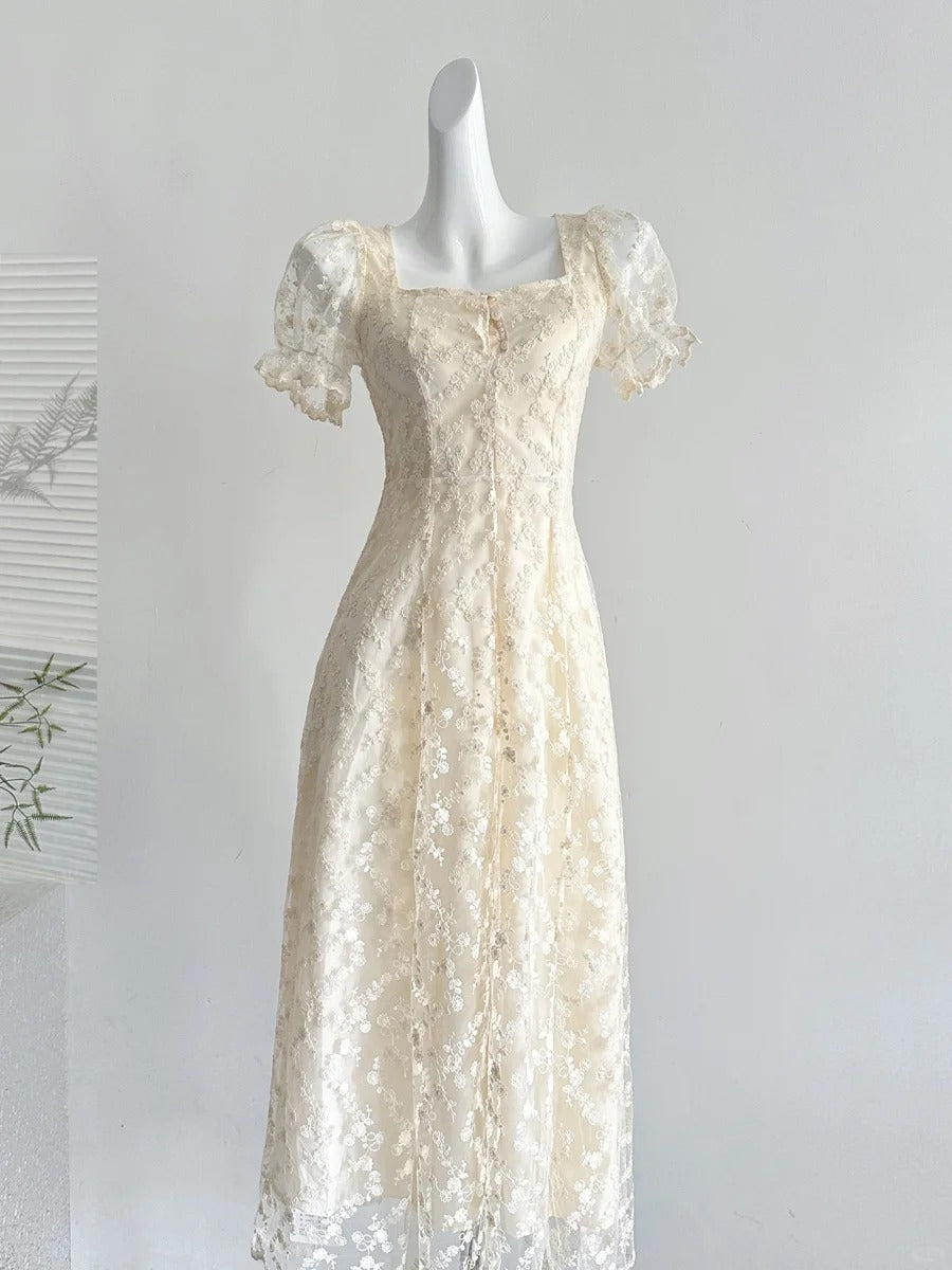 Elegant Vintage Ivory A-line Square Neck Short Sleeve Lace Waist Long Prom Dress Evening Dress P4012