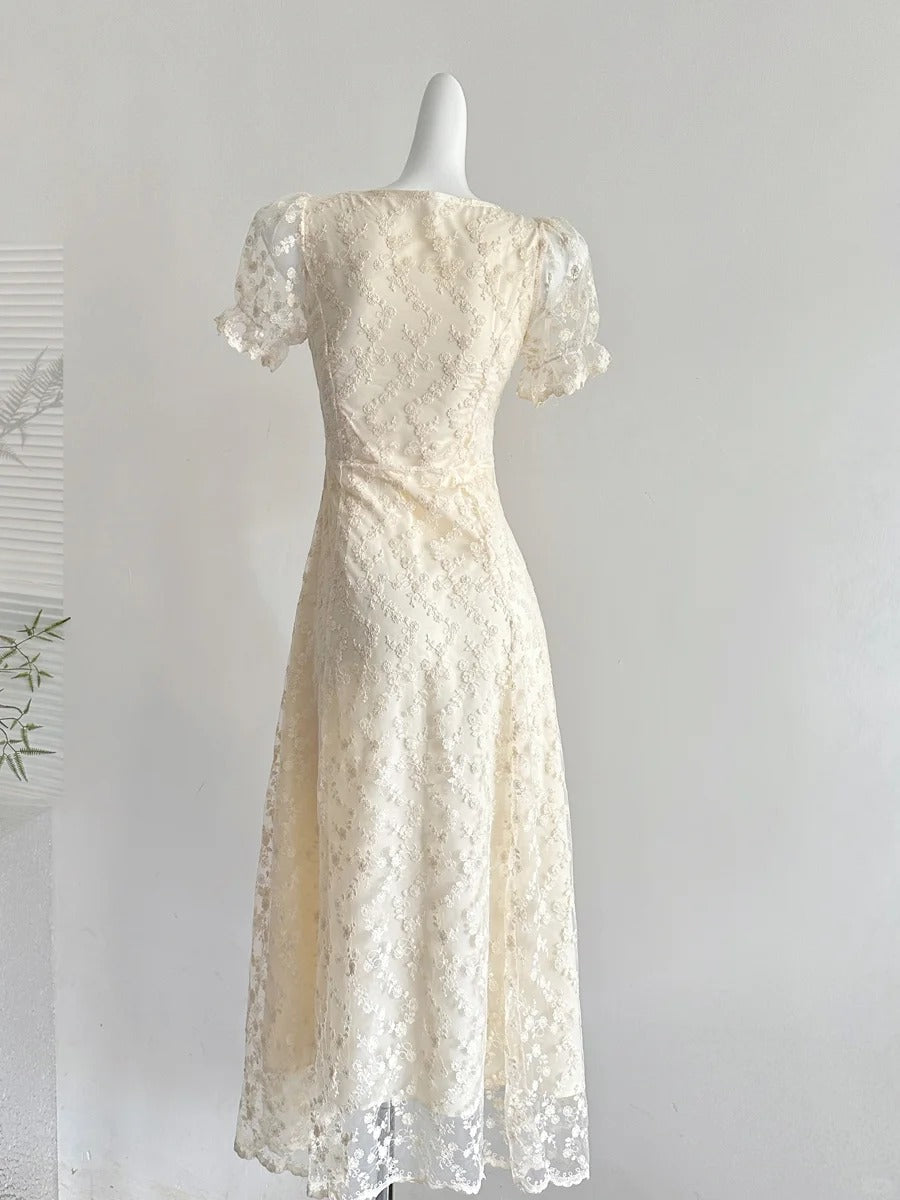 Elegant Vintage Ivory A-line Square Neck Short Sleeve Lace Waist Long Prom Dress Evening Dress P4012