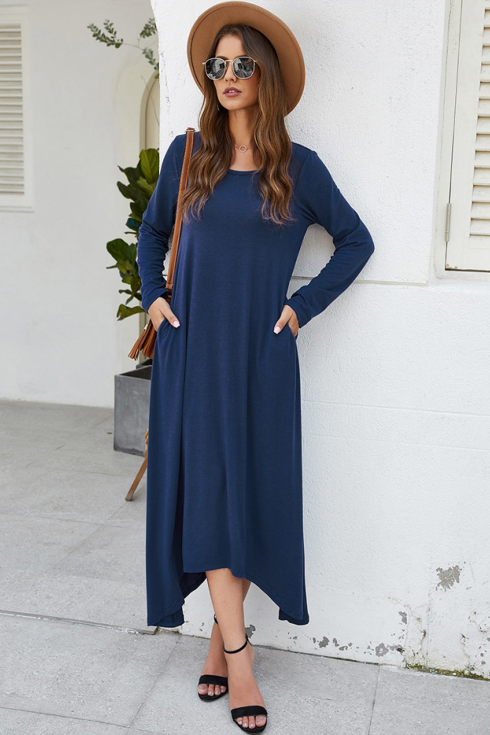 Solid Color Big Swing Skirt Long Sleeve Dress - Fashionpara