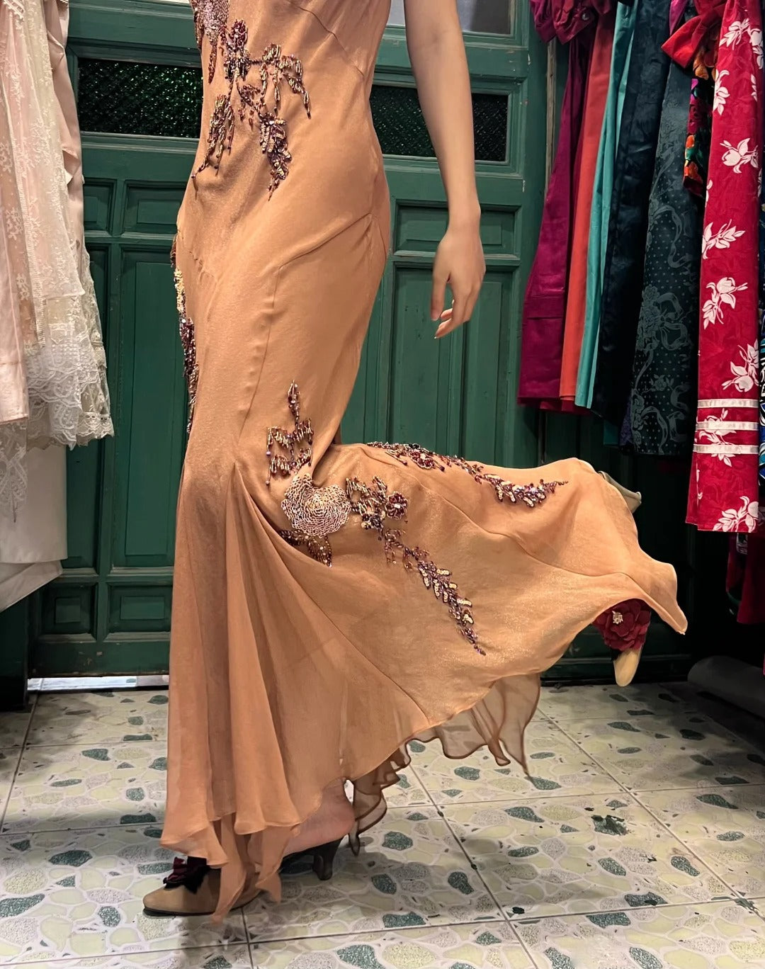 Elegant Brown And Gold Mermaid Halter-Neck Embroidered Beaded Chiffon Long Prom Dress Evening Dress P4120