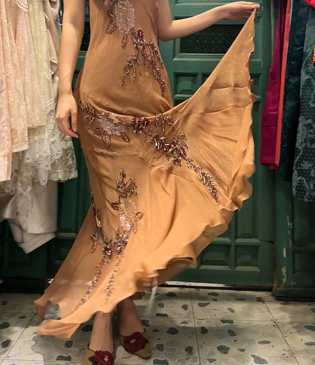 Elegant Brown And Gold Mermaid Halter-Neck Embroidered Beaded Chiffon Long Prom Dress Evening Dress P4120