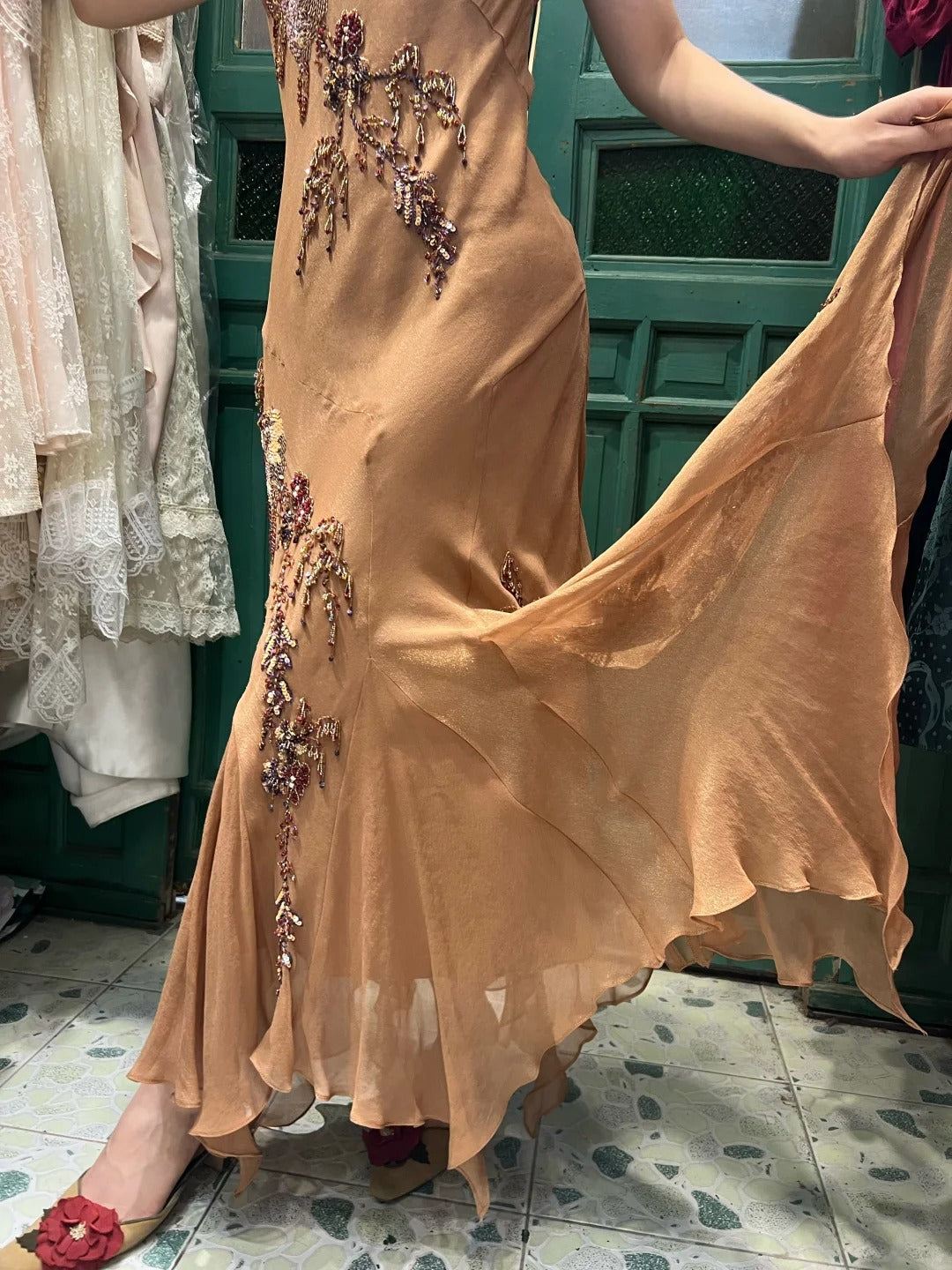 Elegant Brown And Gold Mermaid Halter-Neck Embroidered Beaded Chiffon Long Prom Dress Evening Dress P4120