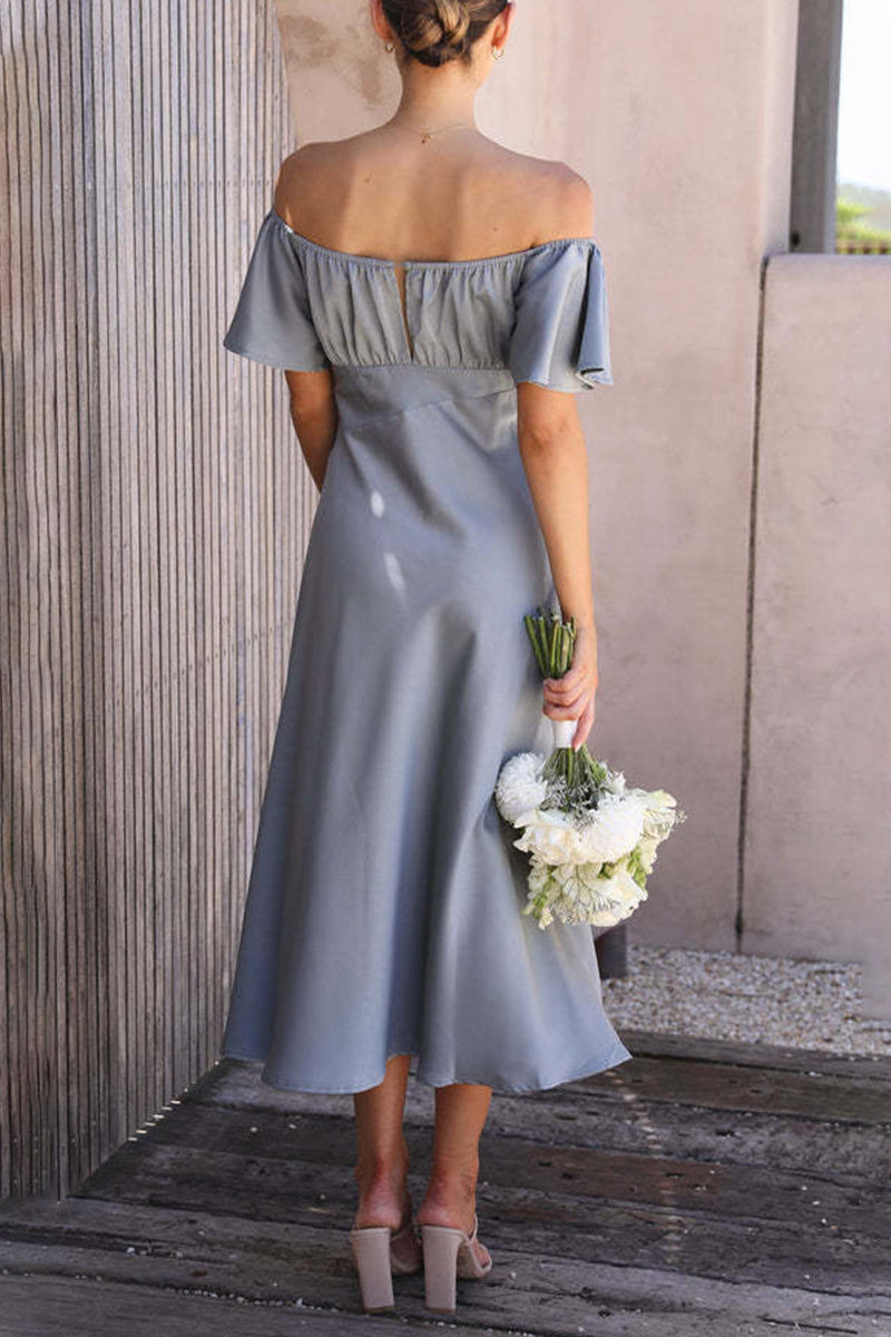 Satin Off Shoulder Sweetheart Ruched Bust Midi Dress - View 3