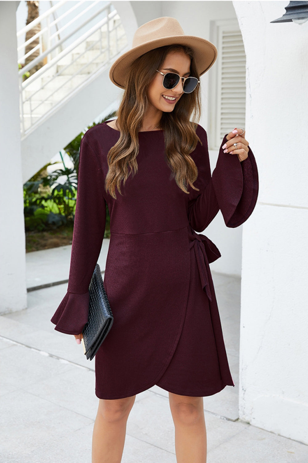 Knitted Drawstring Solid Color Dress - Fashionpara