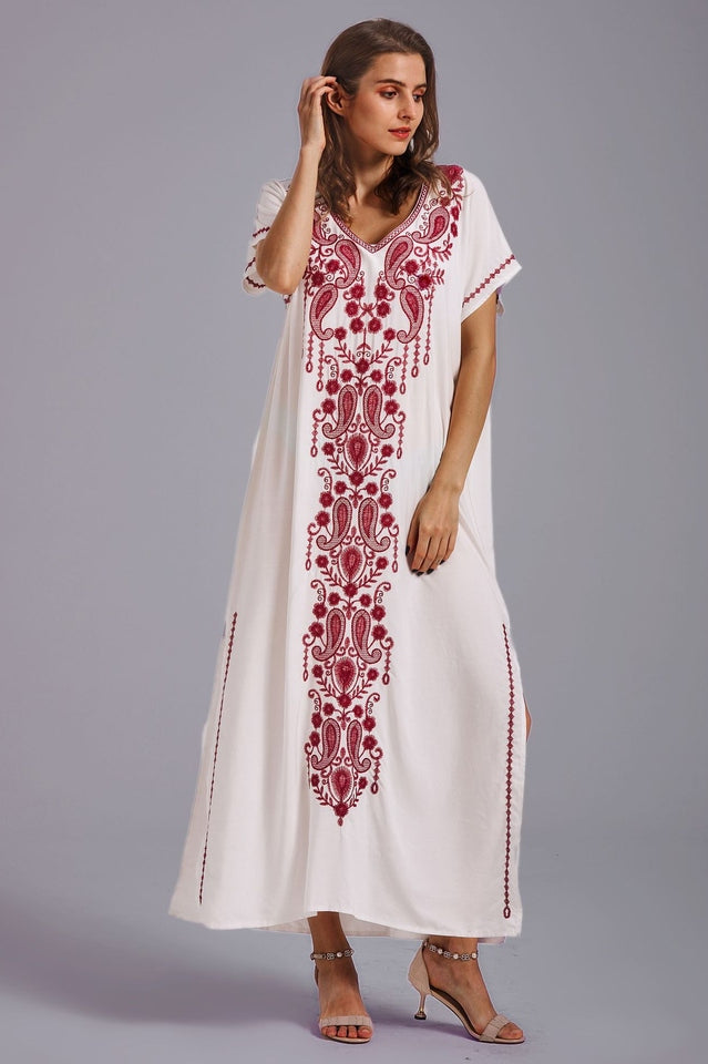 Embroidered V-Neck Short-Sleeve Kaftan Maxi Dress 24