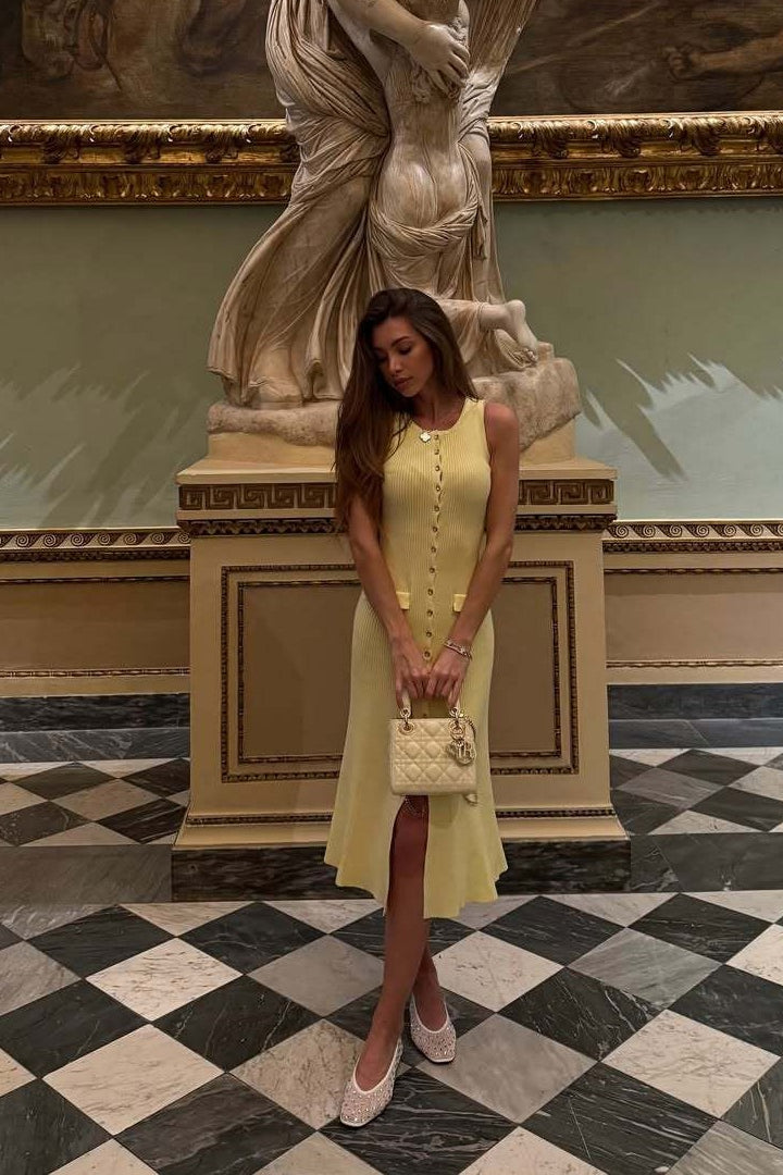 Ribbed Knit Sleeveless Button-Front Slit Midi Dress