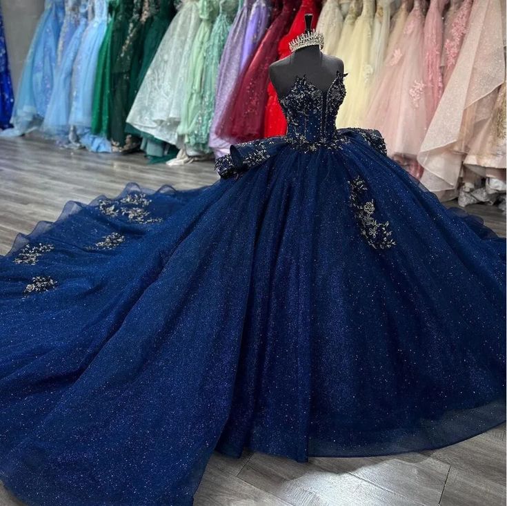 Navy Blue Sparkly Princess Quinceanera Dresses Applique Peplum Corset vestido de 15 quinceañeras Sweet 16 Ball Gown - Fashionpara