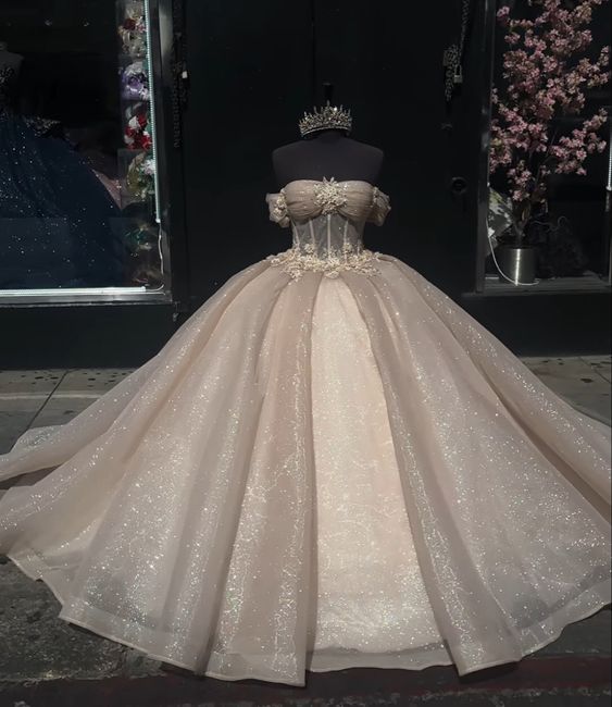 Shimmering Champagne Princess Quinceanera Dress with Off-the-Shoulder Glitter Corset for Sweet 16 Prom - Fashionpara