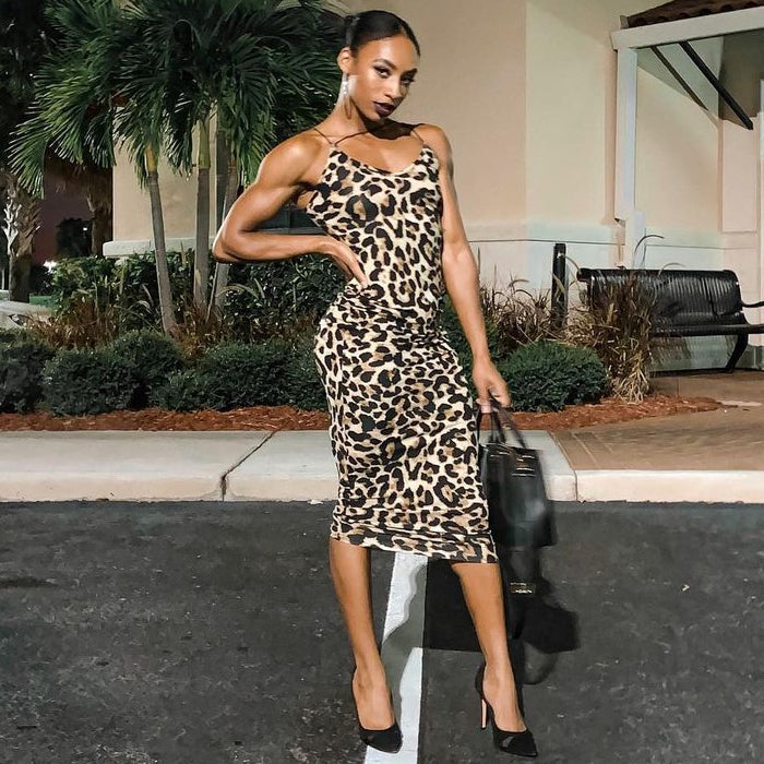 Leopard Print Deep V-Neck Spaghetti Strap Bodycon Maxi Dress 4